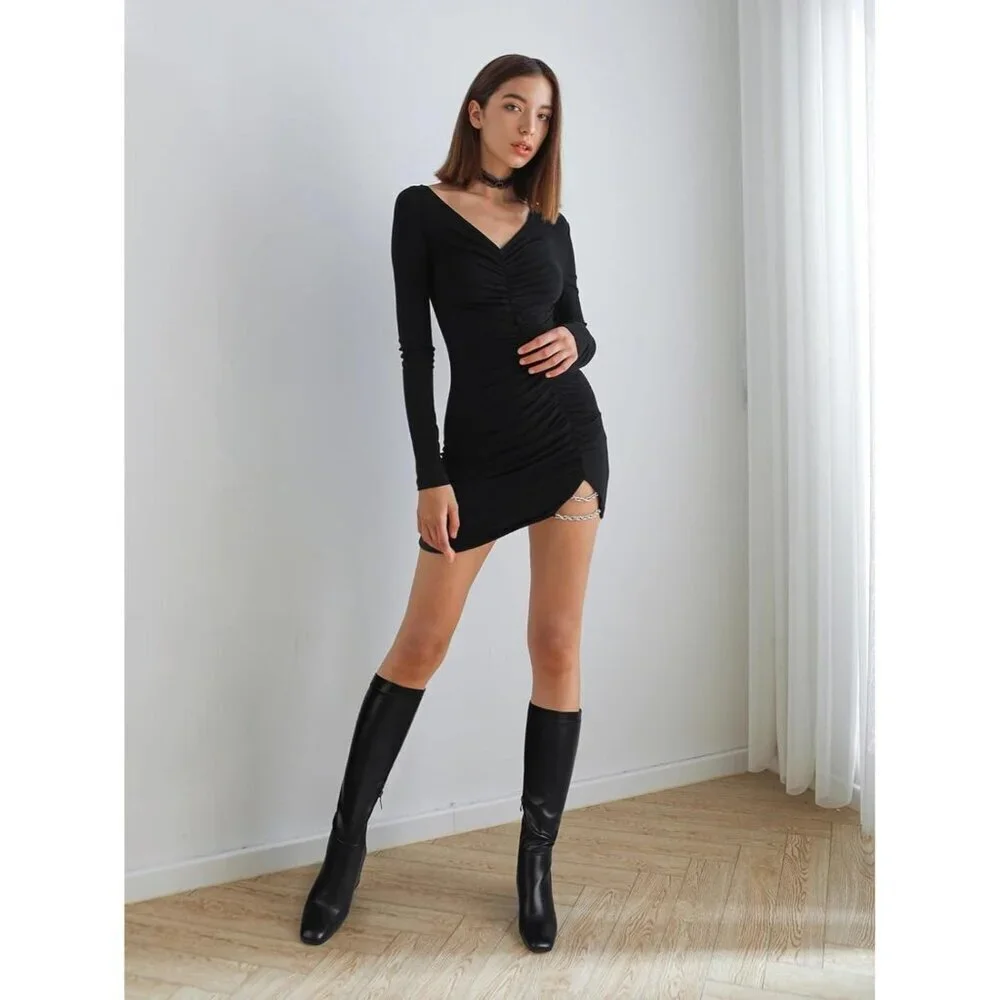 Women's Black Faux Leather Fashion Square Toe Chunky Heel Knee High Boots